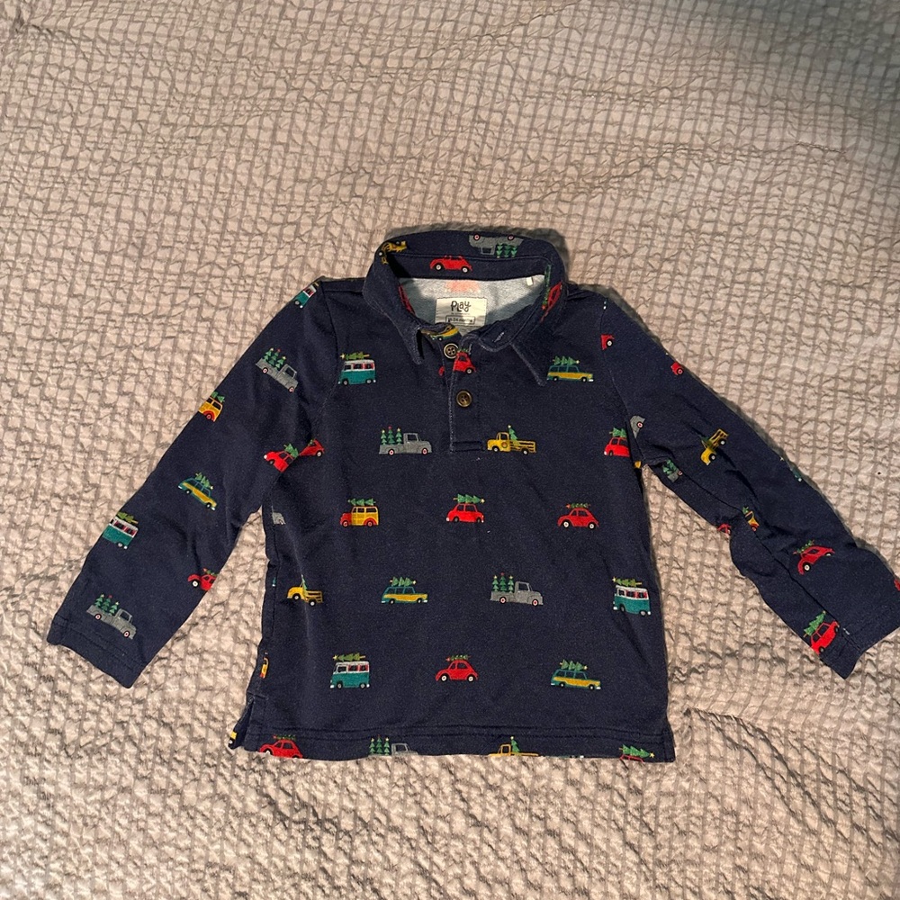 Little Sleepies Navy Long-Sleeve Polo with Holiday Car Print